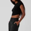 Ribbed Sea Coast Cropped Short Sleeve Tee - Black
