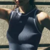 Ribbed Sweater Knit Highline Cropped Tank - Bluestone/White