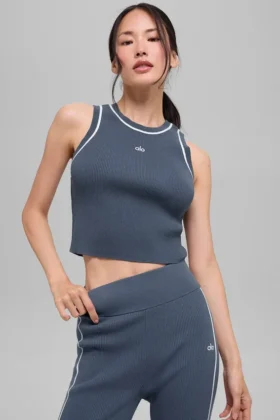 Ribbed Sweater Knit Highline Cropped Tank – Bluestone/White