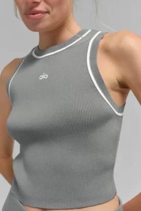 Ribbed Sweater Knit Highline Cropped Tank – Lunar Grey/White