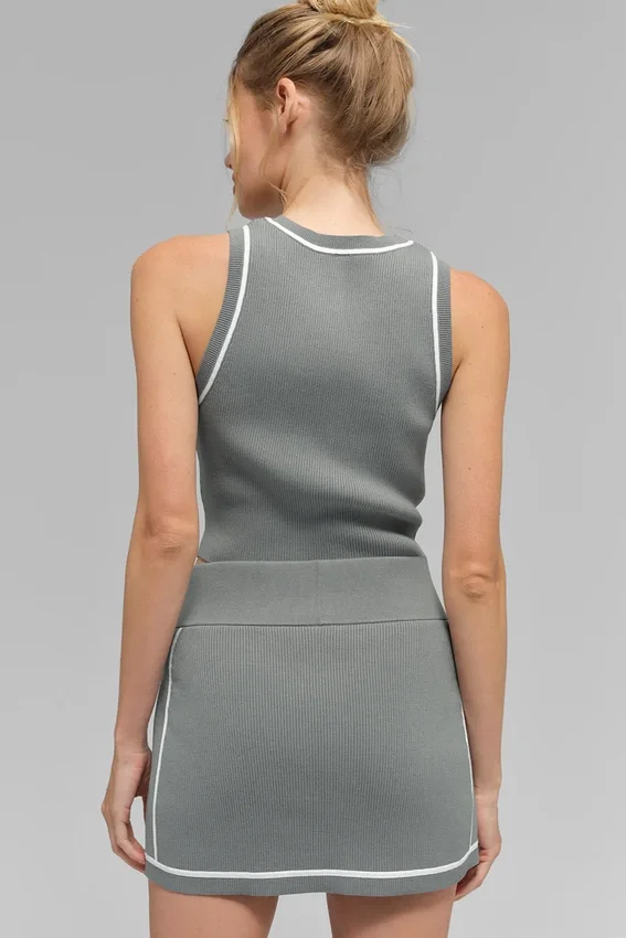 Ribbed Sweater Knit Highline Cropped Tank - Lunar Grey/White