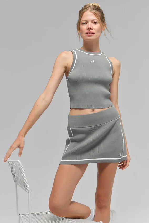 Ribbed Sweater Knit Highline Cropped Tank - Lunar Grey/White