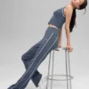 Ribbed Sweater Knit Highline Flare Pant - Bluestone/White