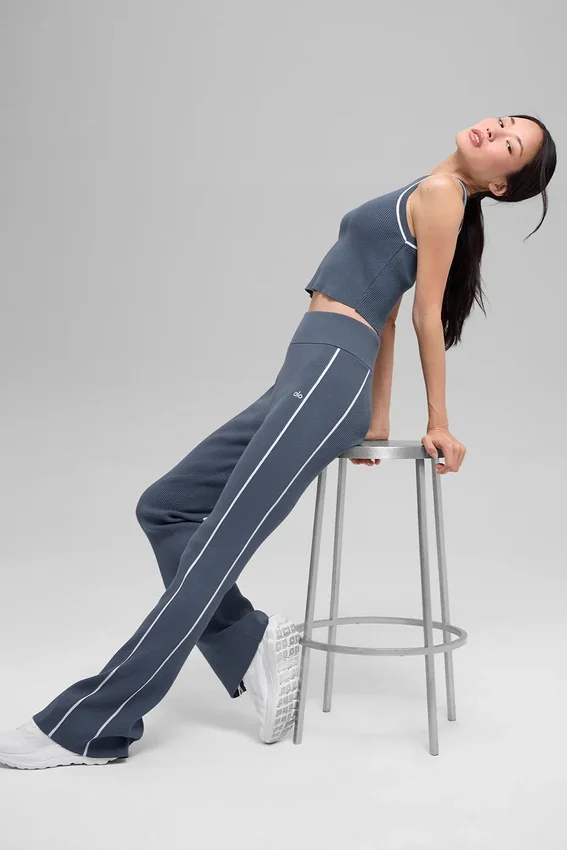 Ribbed Sweater Knit Highline Flare Pant - Bluestone/White
