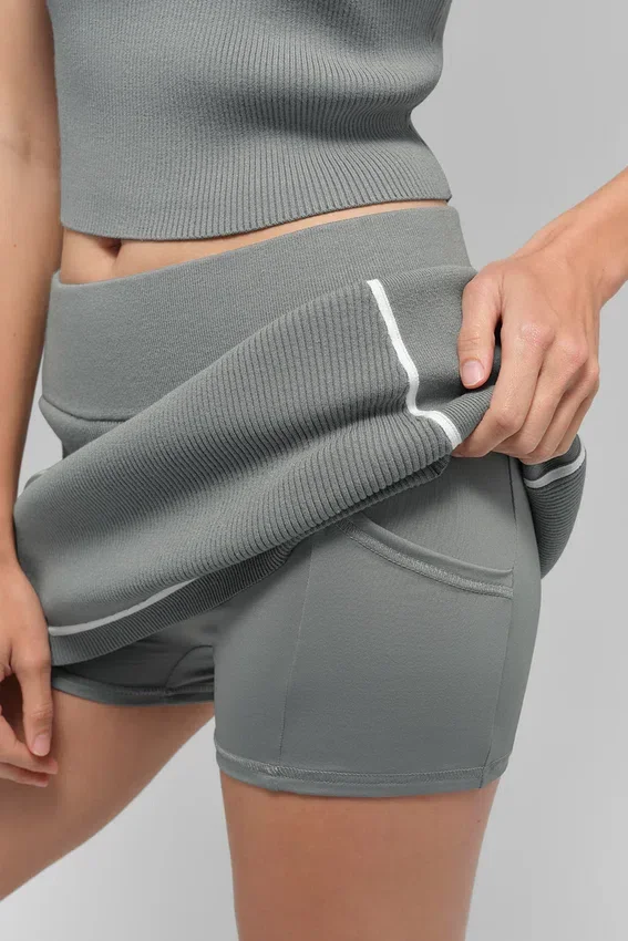 Ribbed Sweater Knit Highline Mini Skirt - Lunar Grey/White