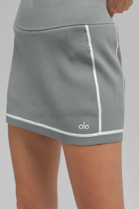 Ribbed Sweater Knit Highline Mini Skirt - Lunar Grey/White