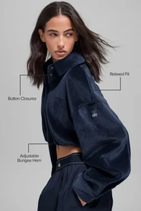 Ribbed Velour Cropped Mountain Side Jacket – Navy