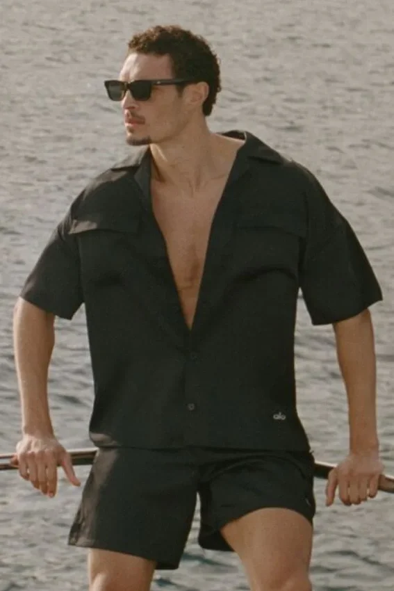 Satin Horizon Short Sleeve Button up - Black
