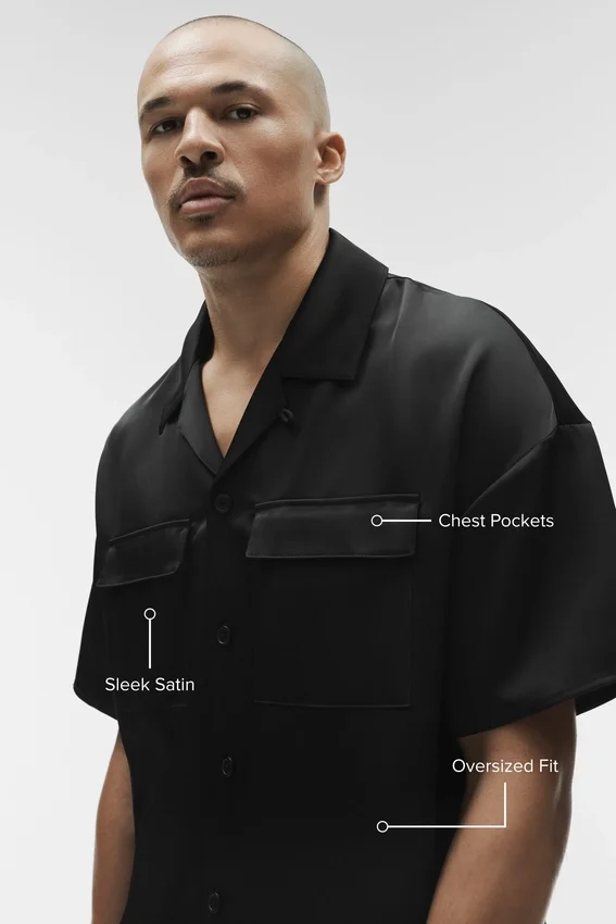 Satin Horizon Short Sleeve Button up - Black