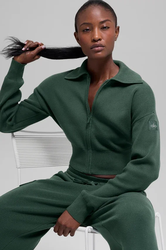 Scholar Knit Cropped Full Zip Jacket - Clover Green