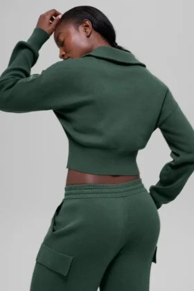 Scholar Knit Cropped Full Zip Jacket – Clover Green