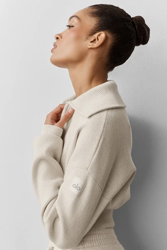 Scholar Knit Cropped Full Zip Jacket - Oatmeal Heather