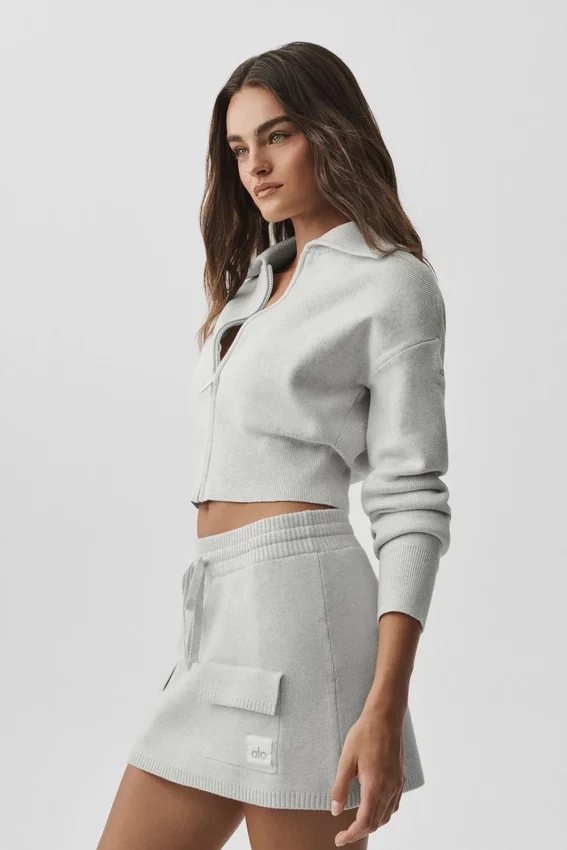 Scholar Knit Cropped Full Zip Jacket - White Heather