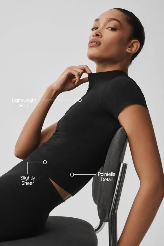 Seamless Pointelle Mock Neck Short Sleeve - Black