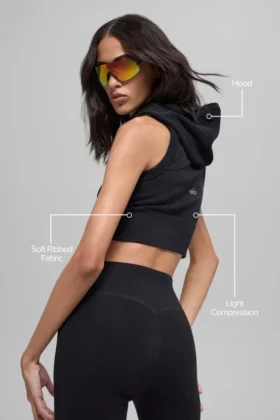 Seamless Two Tone Rib Hooded Vest – Black