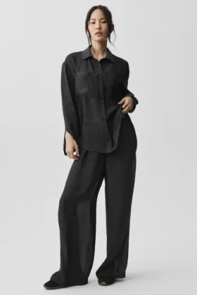 Semi-Sheer Golden Hour Button Down Long Sleeve - Black