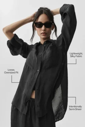 Semi-Sheer Golden Hour Button Down Long Sleeve – Black