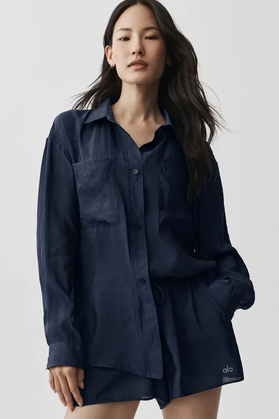 Semi-Sheer Golden Hour Button Down Long Sleeve - Navy