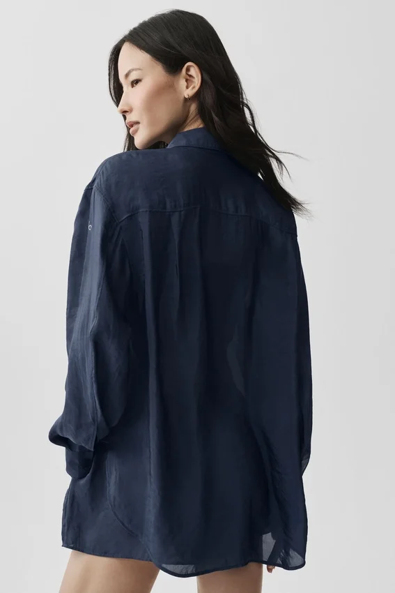 Semi-Sheer Golden Hour Button Down Long Sleeve - Navy