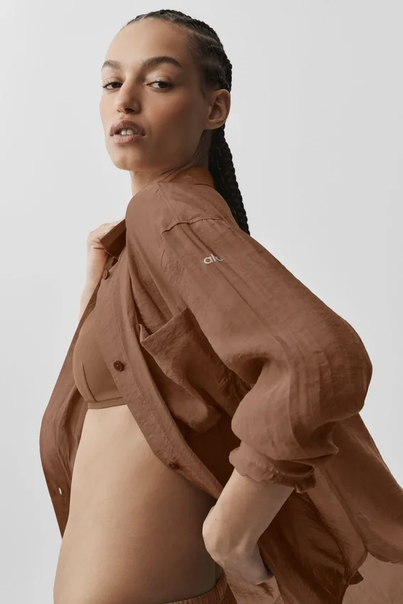 Semi-Sheer Golden Hour Button Down Long Sleeve - Sun Kissed Brown