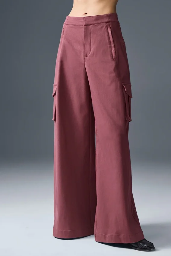 Show off Cargo Wide Leg Trouser (Long) - Burgundy Truffle
