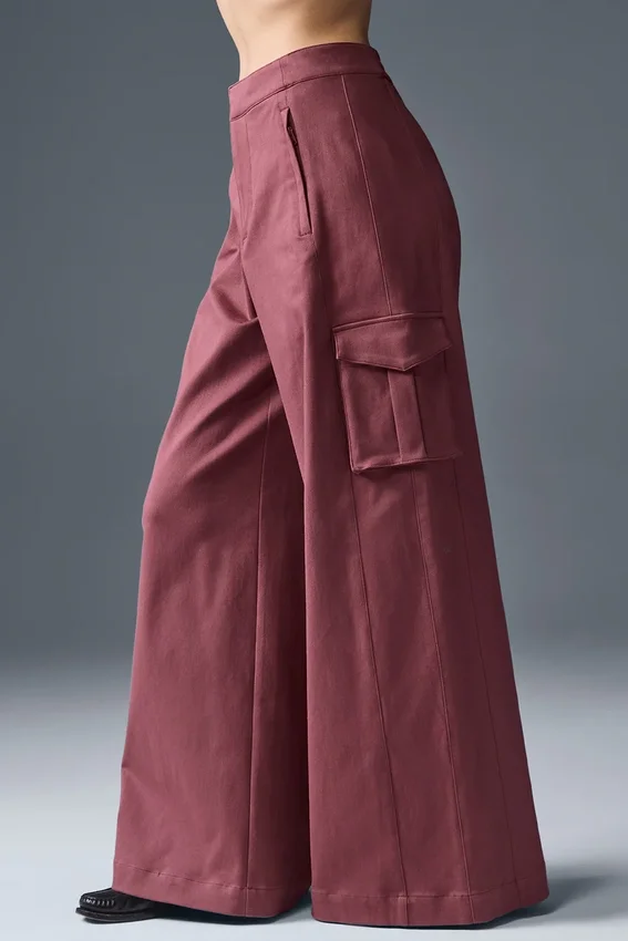 Show off Cargo Wide Leg Trouser (Long) - Burgundy Truffle