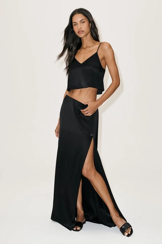 Silk Blend Low-Rise Radiance Long Skirt - Black