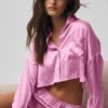 Silk Luminous Cropped Button Down Long Sleeve - Candy Heart Pink