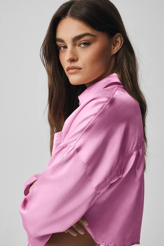 Silk Luminous Cropped Button Down Long Sleeve - Candy Heart Pink