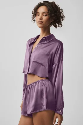 Silk Luminous Cropped Button Down Long Sleeve – Plum Kiss