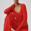 Sweater Knit Mid-Rise Unwind Wide Leg Pant - Bright Red