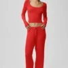 Sweater Knit Mid-Rise Unwind Wide Leg Pant - Bright Red