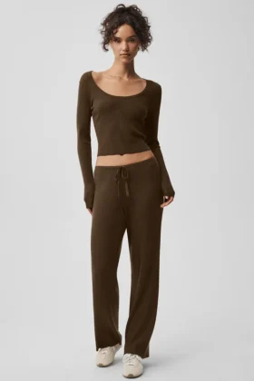 Sweater Knit Mid-Rise Unwind Wide Leg Pant - Espresso