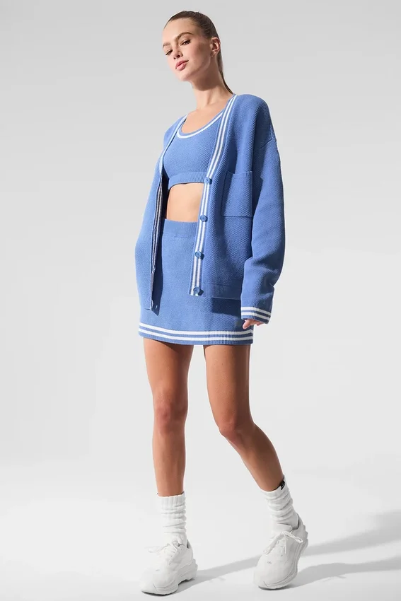 Tennis Club Sweater Knit Cardigan - Crystal Clear Blue/White