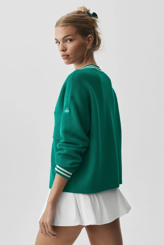 Tennis Club Sweater Knit Cardigan - Emerald Isle/Ivory