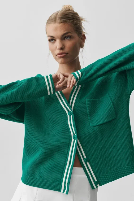 Tennis Club Sweater Knit Cardigan - Emerald Isle/Ivory