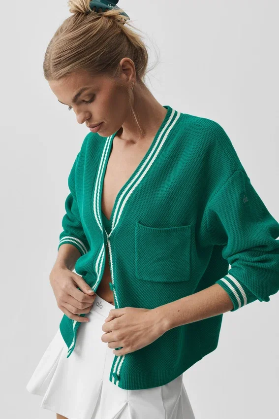Tennis Club Sweater Knit Cardigan - Emerald Isle/Ivory