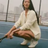 Tennis Club Sweater Knit Cardigan - Oatmeal/White