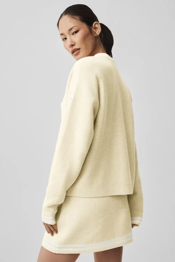 Tennis Club Sweater Knit Cardigan - Oatmeal/White