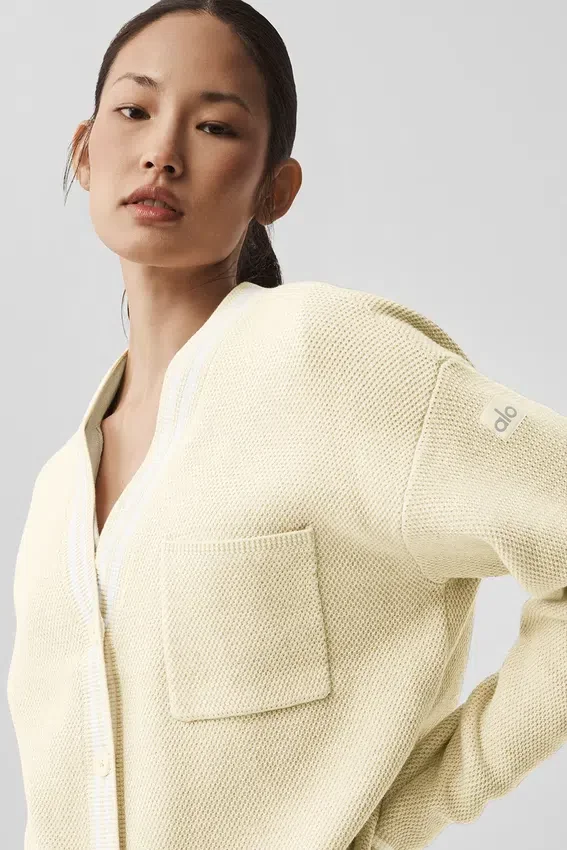 Tennis Club Sweater Knit Cardigan - Oatmeal/White