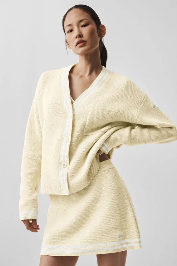Tennis Club Sweater Knit Cardigan - Oatmeal/White