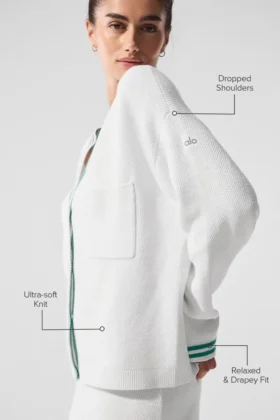 Tennis Club Sweater Knit Cardigan – White/Spruce Green