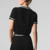 Tennis Club Sweater Knit Cropped Polo - Black/Ivory