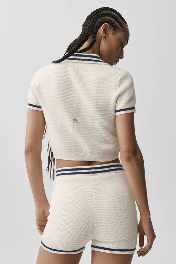 Tennis Club Sweater Knit Cropped Polo - Ivory/Navy