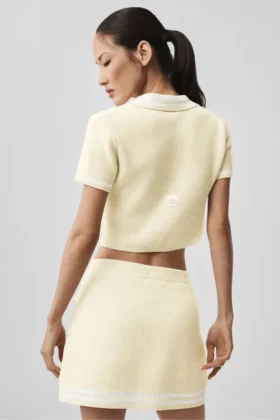 Tennis Club Sweater Knit Cropped Polo – Oatmeal/White
