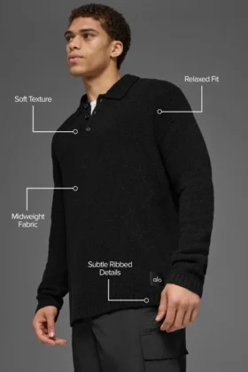 Textured Knit Long Sleeve Polo – Black