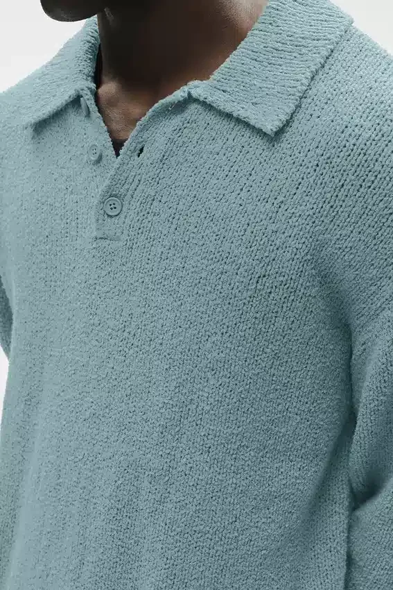 Textured Knit Long Sleeve Polo - Desert Sage