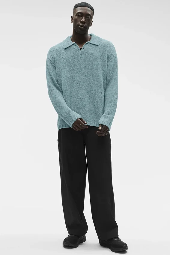 Textured Knit Long Sleeve Polo - Desert Sage