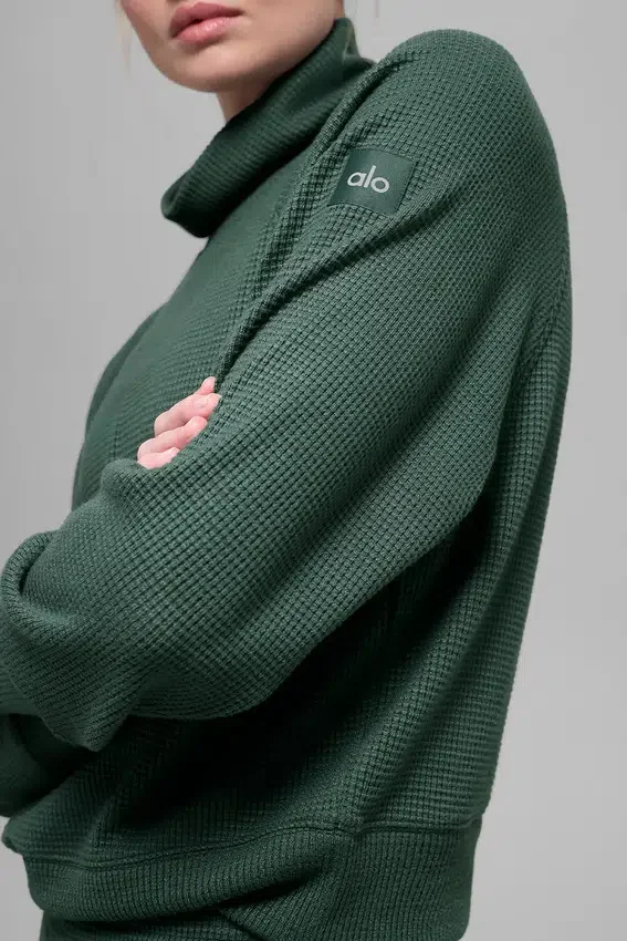 Waffle Weekend Escape Mock Neck Long Sleeve - Clover Green