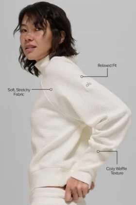 Waffle Weekend Escape Mock Neck Long Sleeve – Ivory